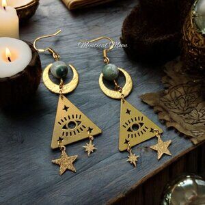Celestial Evil Eye Dangle Earrings Stars & Moon Green Gemstone Beads Geometric